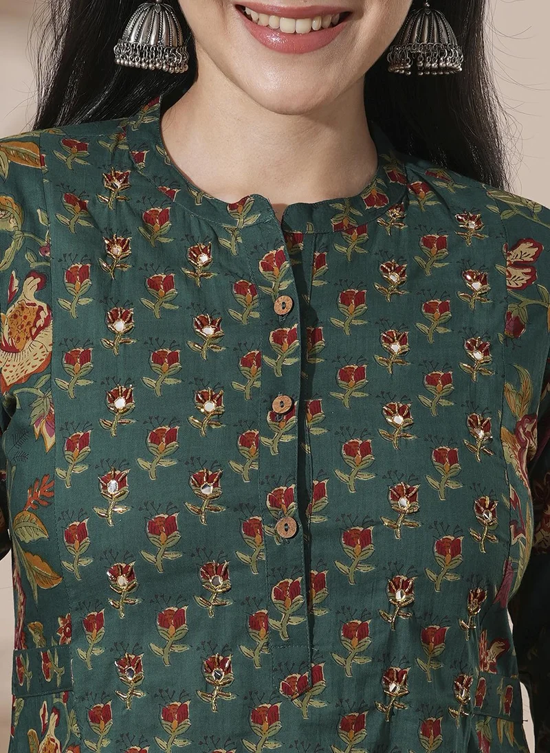 globus Green Globus Women Floral Print Mandarin Neck Panelled A-Line Kurta With Pants Workwear Sets for Women | Best Price UAE